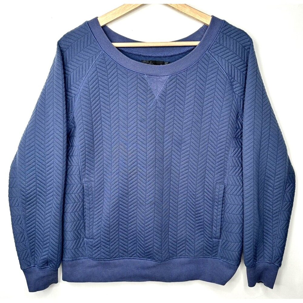 Prana Womens Sweatshirt Herringbone Quilted Pockets Crew Pullover Blue Small